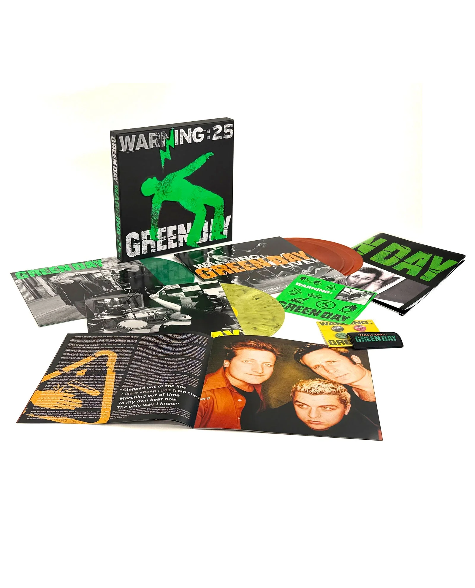 Green Day - Box 5LP EDICIÓN COLOR VERDE,AMARILLO,NARANJA+LIBRETO+PARCHE+PÓSTER+BOTONES+PEGATINA "Warning (25th anniversary Deluxe edition)"